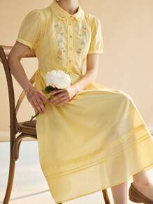 女士花卉印花短袖超长黄色连衣裙通勤办公室面试法式优雅法式浪漫假日舞会礼服夏季女士连衣裙