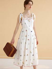 Simple Retro Đầm Thêu Thắt nút Xù nhỏ Hoa Boho - trắng - Xem 1