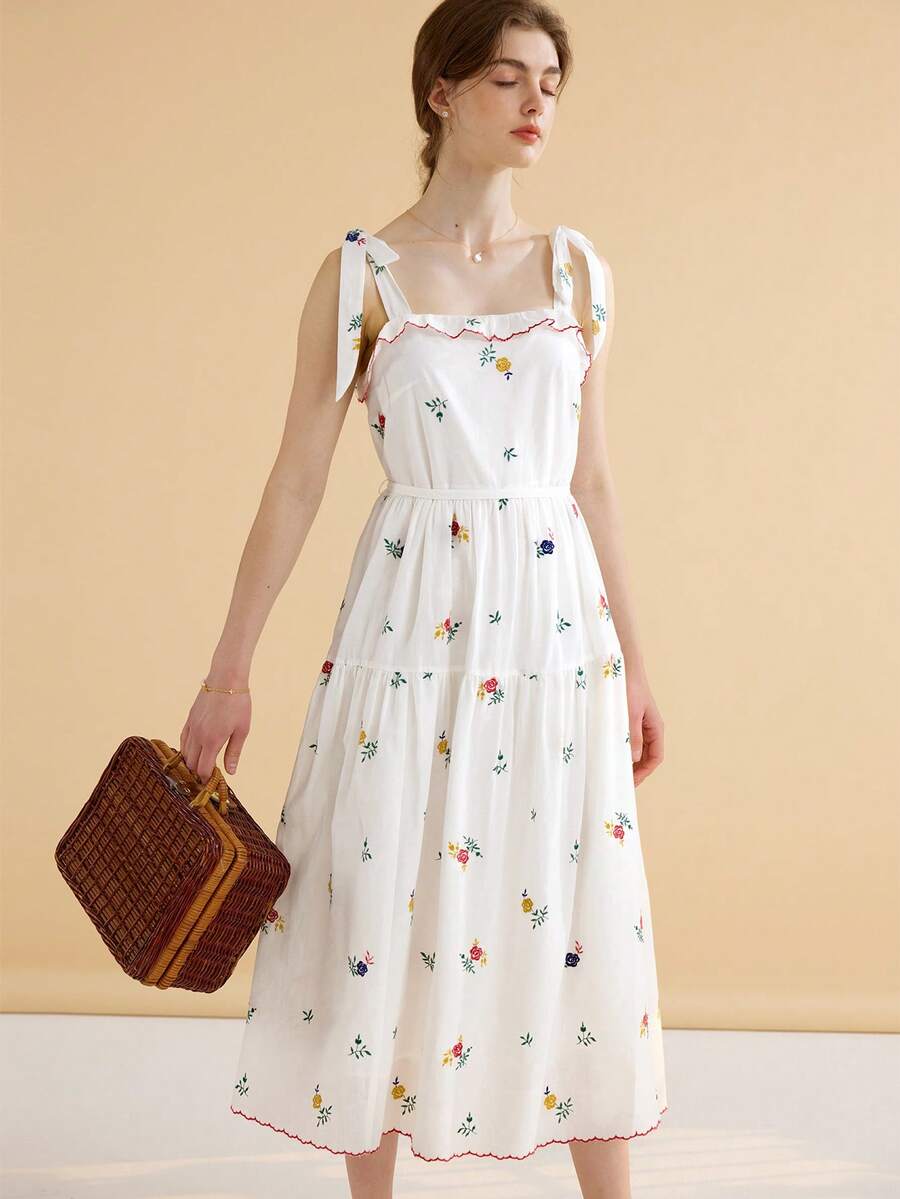 Simple Retro Đầm Thêu Thắt nút Xù nhỏ Hoa Boho - trắng - Xem 1