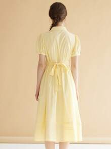 女士花卉印花短袖超长黄色连衣裙通勤办公室面试法式优雅法式浪漫假日舞会礼服夏季女士连衣裙