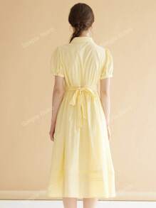 Simple Retro Vestido largo de mujer con manga corta y estampado floral, amarillo, para ir a la oficina, entrevistas, estilo francés elegante y romántico, ideal para vacaciones y bailes de graduación, vestido de verano para mujer