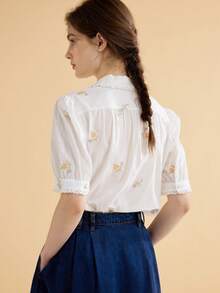 Simple Retro Floral Embroidery Lapel Collar Puff Sleeve Shirt - White - View 2