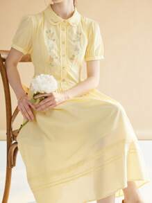 女士花卉印花短袖超长黄色连衣裙通勤办公室面试法式优雅法式浪漫假日舞会礼服夏季女士连衣裙