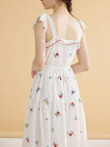 Simple Retro Đầm Thêu Thắt nút Xù nhỏ Hoa Boho - trắng - Xem 3