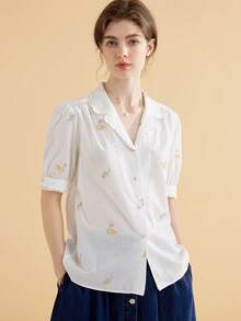 Simple Retro Floral Embroidery Lapel Collar Puff Sleeve Shirt - White - View 3
