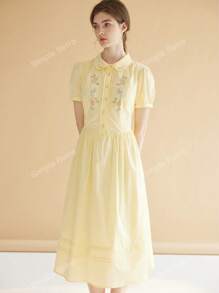 Simple Retro Vestido largo de mujer con manga corta y estampado floral, amarillo, para ir a la oficina, entrevistas, estilo francés elegante y romántico, ideal para vacaciones y bailes de graduación, vestido de verano para mujer