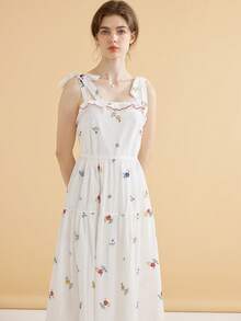 Simple Retro Đầm Thêu Thắt nút Xù nhỏ Hoa Boho - trắng - Xem 4