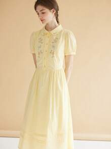 女士花卉印花短袖超长黄色连衣裙通勤办公室面试法式优雅法式浪漫假日舞会礼服夏季女士连衣裙