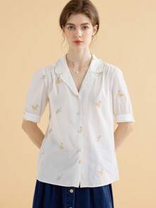 Simple Retro Floral Embroidery Lapel Collar Puff Sleeve Shirt - White - View 4