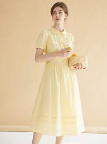 女士花卉印花短袖超长黄色连衣裙通勤办公室面试法式优雅法式浪漫假日舞会礼服夏季女士连衣裙