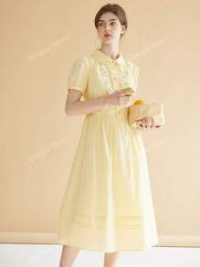Simple Retro Vestido largo de mujer con manga corta y estampado floral, amarillo, para ir a la oficina, entrevistas, estilo francés elegante y romántico, ideal para vacaciones y bailes de graduación, vestido de verano para mujer