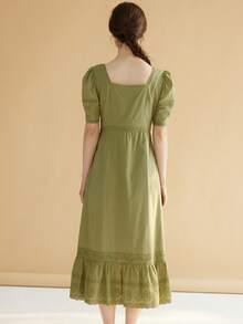 Simple Retro Square Neck Puff Sleeve Schiffy Ruffle Hem Dress - Green - View 2
