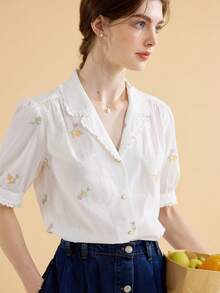 Simple Retro Floral Embroidery Lapel Collar Puff Sleeve Shirt - White - View 5