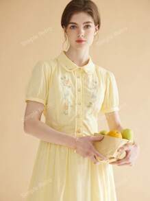 Simple Retro Vestido largo de mujer con manga corta y estampado floral, amarillo, para ir a la oficina, entrevistas, estilo francés elegante y romántico, ideal para vacaciones y bailes de graduación, vestido de verano para mujer