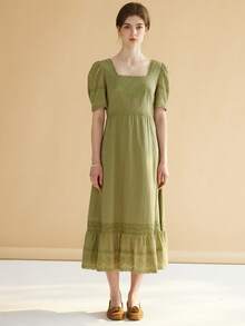 Simple Retro Square Neck Puff Sleeve Schiffy Ruffle Hem Dress - Green - View 3