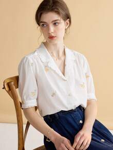 Simple Retro Floral Embroidery Lapel Collar Puff Sleeve Shirt - White - View 6
