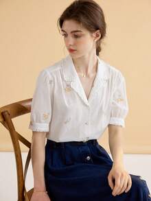 Simple Retro Floral Embroidery Lapel Collar Puff Sleeve Shirt - White - View 7