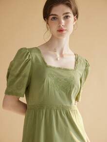 Simple Retro Square Neck Puff Sleeve Schiffy Ruffle Hem Dress - Green - View 5