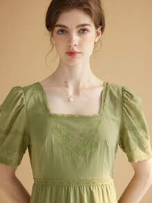 Simple Retro Square Neck Puff Sleeve Schiffy Ruffle Hem Dress - Green - View 6