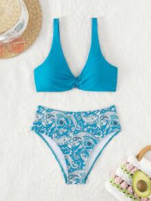 Paisley Print Twist Front Bikini Set For Summer Beach - Multicolor - View 5