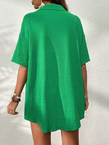 SHEIN VCAY Solid Cami Top & Tie Front Shorts & Drop Shoulder Shirt - Green - View 2