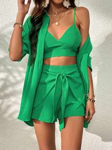 SHEIN VCAY Solid Cami Top & Tie Front Shorts & Drop Shoulder Shirt - Green - View 4