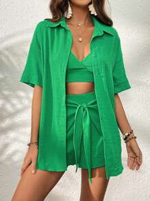 SHEIN VCAY Solid Cami Top & Tie Front Shorts & Drop Shoulder Shirt - Green - View 5