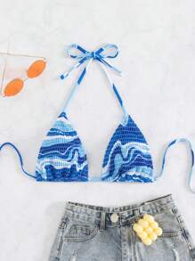 Swim Mod Summer Beach Allover Print Smocked Halter Triangle Bikini Top