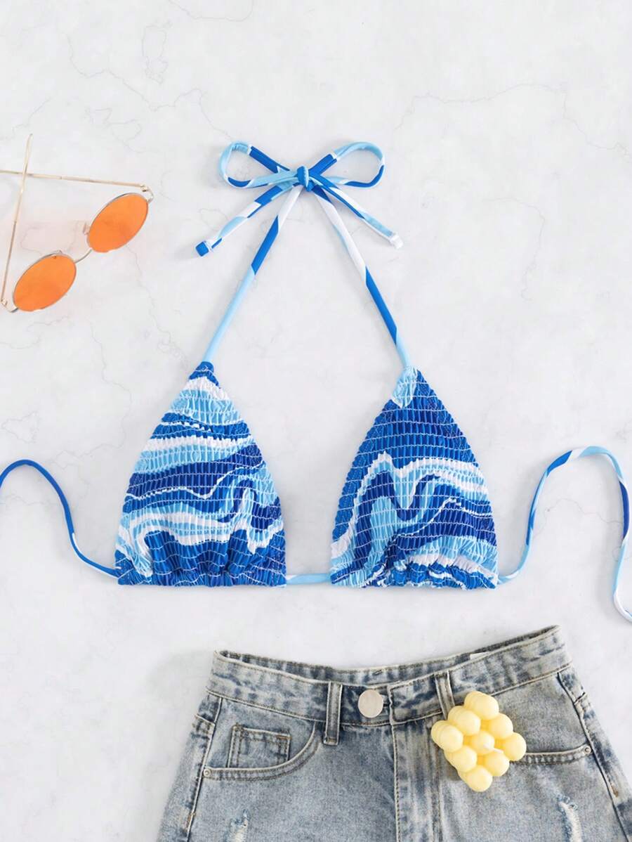 Swim Mod Summer Beach Allover Print Smocked Halter Triangle Bikini Top