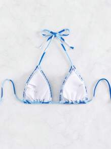 Swim Mod Summer Beach Allover Print Smocked Halter Triangle Bikini Top