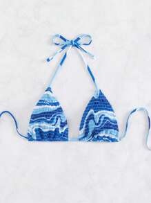 Swim Mod Summer Beach Allover Print Smocked Halter Triangle Bikini Top