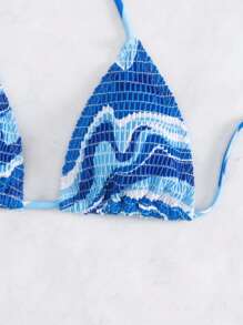 Swim Mod Summer Beach Allover Print Smocked Halter Triangle Bikini Top