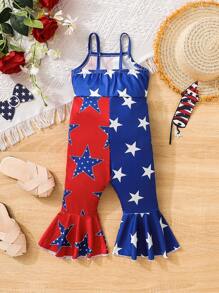 SHEIN 嬰兒星星印花撞色喇叭吊帶連體褲 - 彩色 - 查看 2