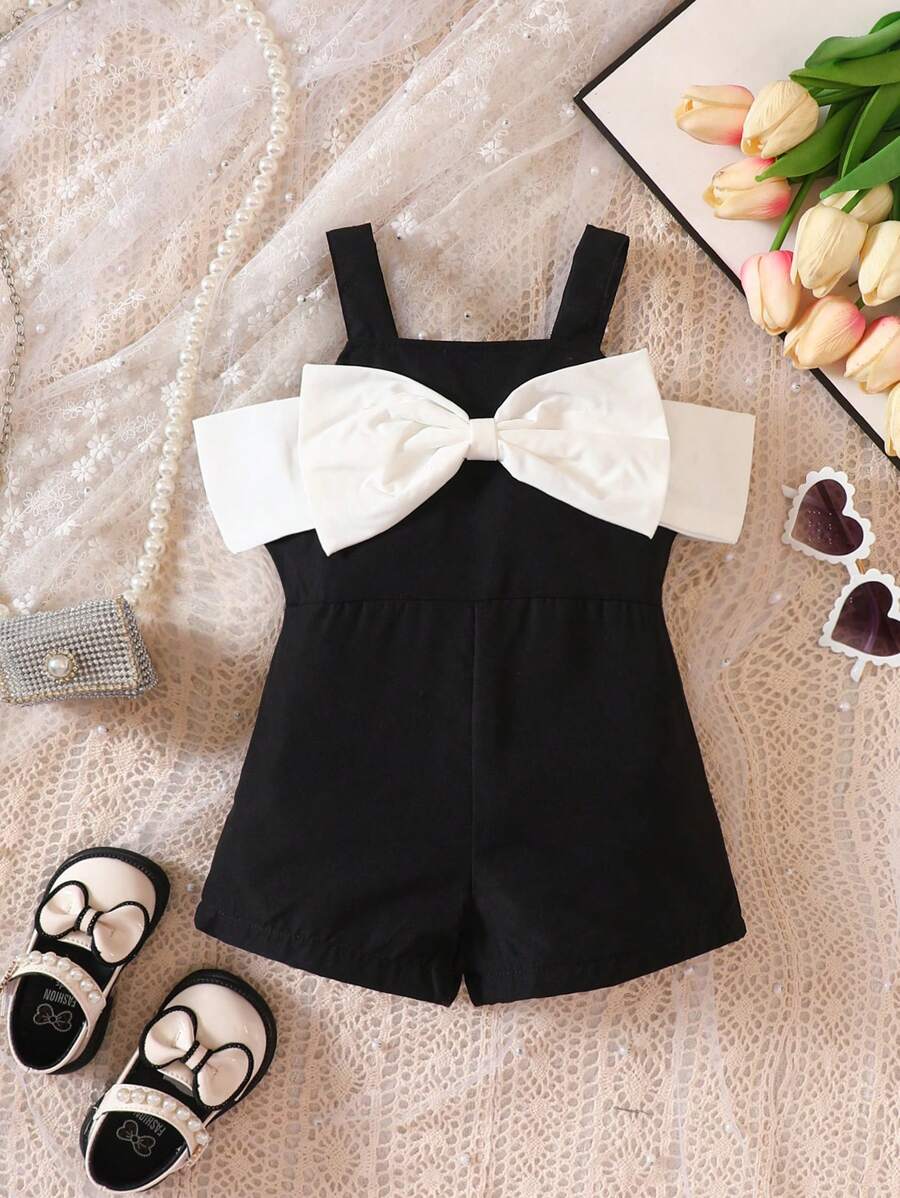 SHEIN 嬰兒雙色前蝴蝶結挖肩連身短褲 - 黑與白 - 查看 1