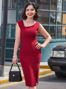 MUXXN 素色高衩不對稱領連衣裙 - 酒紅色 - 查看 6