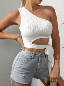 SHEIN Privé One Shoulder Cut Out Knot Side Crop Top - White - View 1