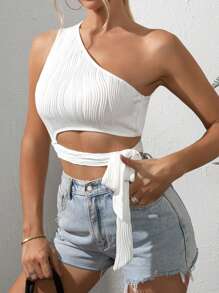 SHEIN Privé One Shoulder Cut Out Knot Side Crop Top - White - View 3