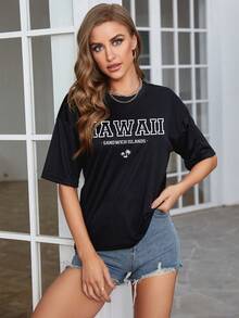 SHEIN EZwear 字母圖案落肩T恤 - 黑色 - 查看 5