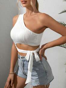 SHEIN Privé One Shoulder Cut Out Knot Side Crop Top - White - View 4