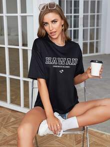 SHEIN EZwear 字母圖案落肩T恤 - 黑色 - 查看 6