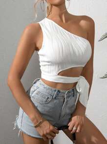 SHEIN Privé One Shoulder Cut Out Knot Side Crop Top - White - View 5
