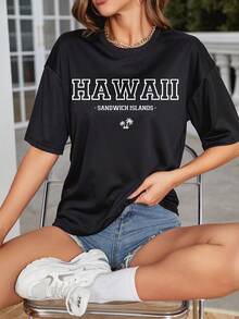 SHEIN EZwear 字母圖案落肩T恤 - 黑色 - 查看 8