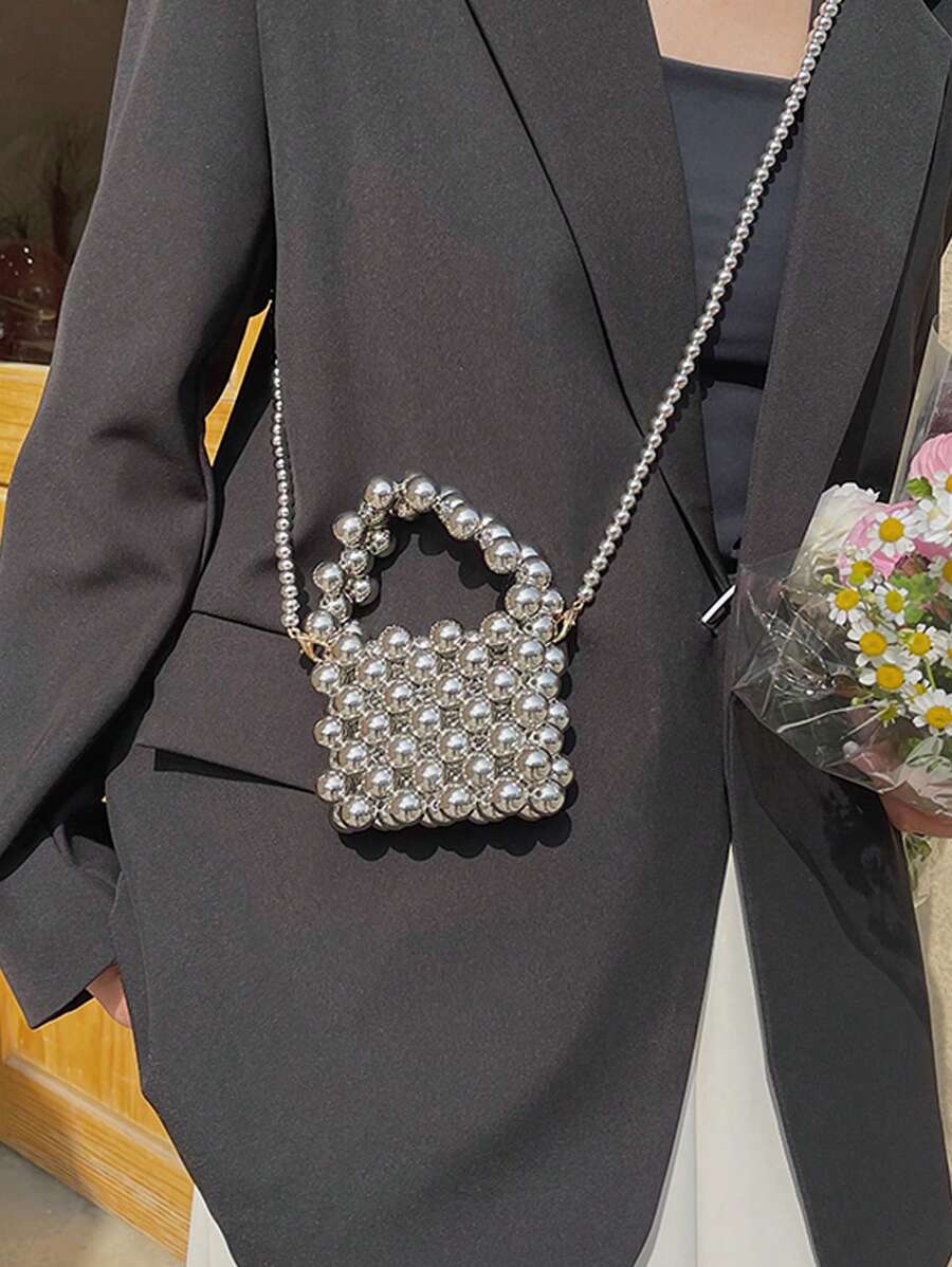 小型純色串珠手提斜背包，時尚包款適合旅行，女性適用的斜背包，高品質且易攜帶的包款，女性和女孩外出必備的斜背包 - 銀色 - 查看 1