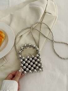 小型純色串珠手提斜背包，時尚包款適合旅行，女性適用的斜背包，高品質且易攜帶的包款，女性和女孩外出必備的斜背包 - 銀色 - 查看 2