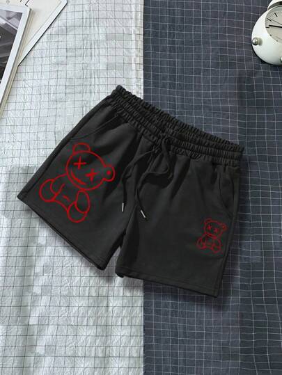 Guys Bear Print Drawstring Waist Shorts