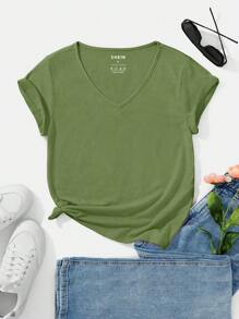 SHEIN Essnce 素色V領T恤 - 綠色 - 查看 1