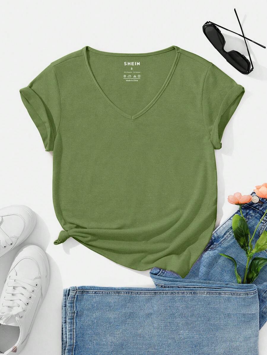 SHEIN Essnce 素色V領T恤 - 綠色 - 查看 1