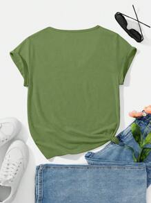 SHEIN Essnce 素色V領T恤 - 綠色 - 查看 2