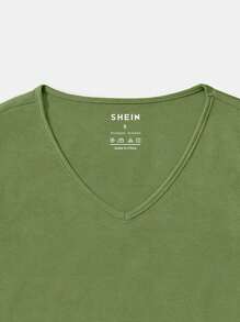 SHEIN Essnce 素色V領T恤 - 綠色 - 查看 3