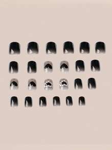 Upgrade Your Look With 24pcs Short Square Rhinestone Decor Full Cover Fake Nail Set - Black - View 3